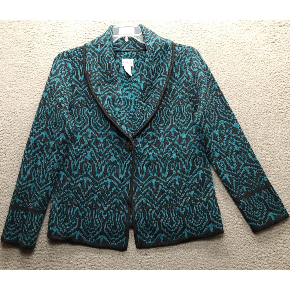 Chico's Cardigan Womens Medium Multi Aztec Print Shawl Collar One Button EUC